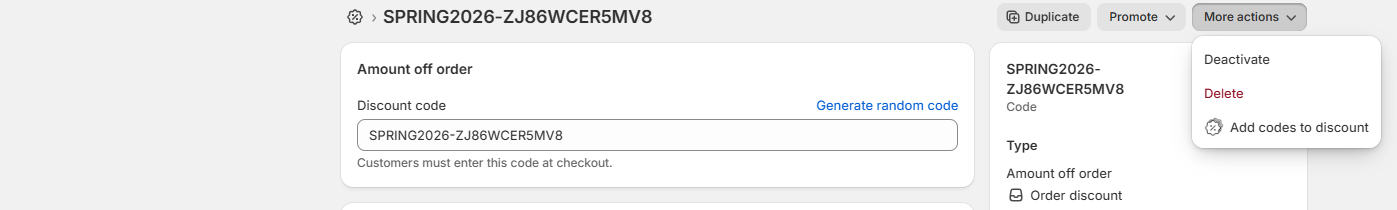 Shopify discount page with More actions dropdown open, showing Add codes to discount option