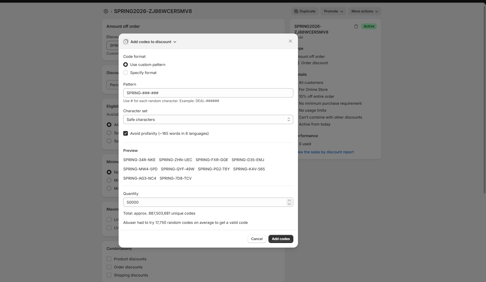 Add codes to discount overlay showing code format, pattern, character set, and quantity settings