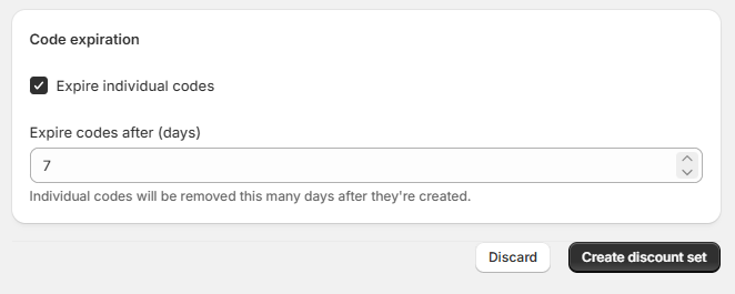 Code expiration settings showing the “Expire individual codes” checkbox and “Expire codes after (days)” field set to 7