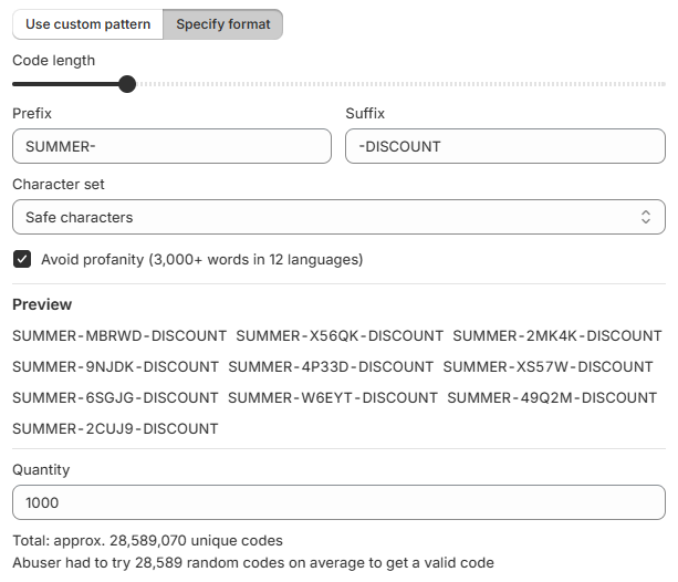 Bulk discount code generation interface showing custom patterns and CSV import
